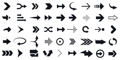 Assortment of arrow icons in diverse styles and directions. Collection for navigation, movement, and directional indicators.