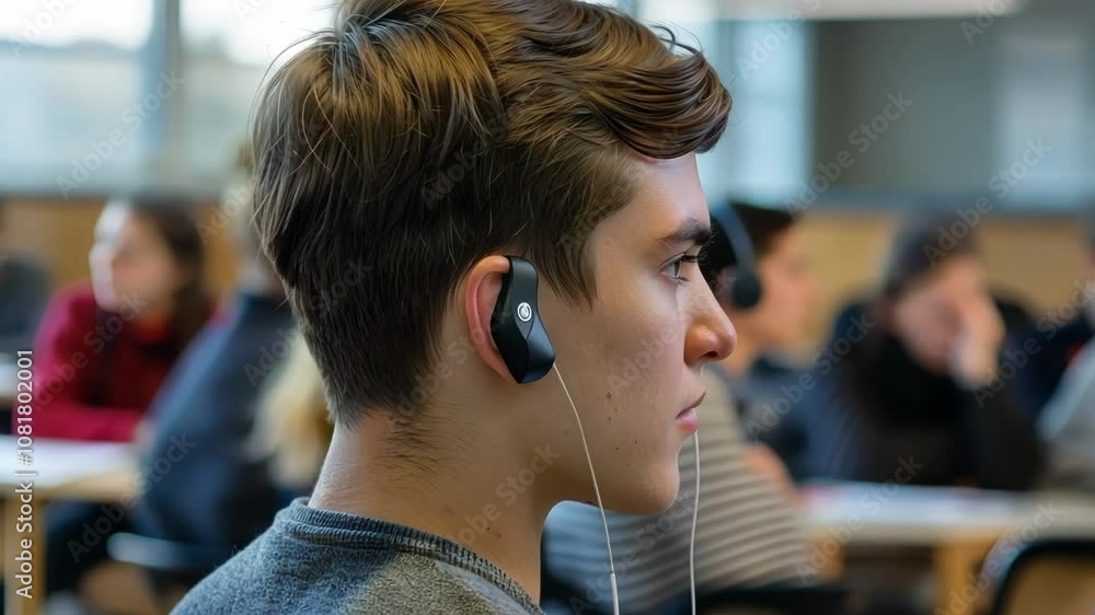 Poster young man wearing a brain computer interface device is sitting in a classroom, potentially benefitin