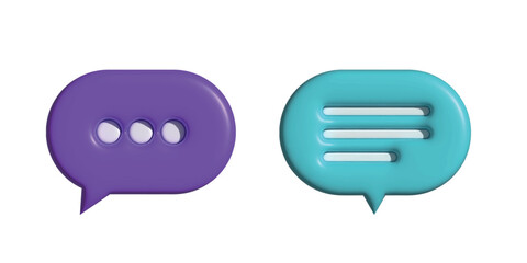 3D chat bubble icons with dots and lines representing messaging or conversation. Elements for social media and communication design.