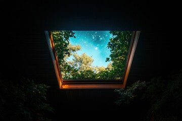 Ornamental skylight adorned with celestial motifs, sunlight streaming through, creating a heavenly atmosphere.