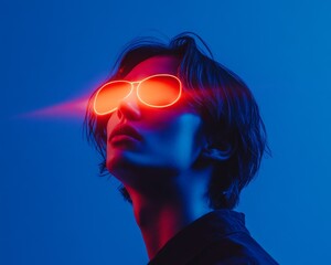 Stylized profile of person wearing glowing neon red sunglasses against a vibrant blue background, evoking a futuristic vibe.