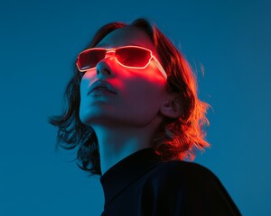 Young woman wearing vibrant red neon glasses in a moody blue-lit setting, embodying futuristic and stylish urban aesthetics.