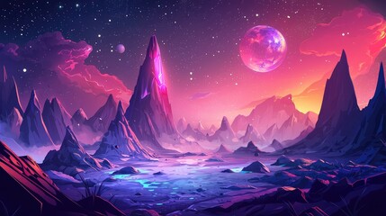 Fototapeta premium A Colorful Alien Landscape with a Glowing Mountain and a Large Planet in the Sky