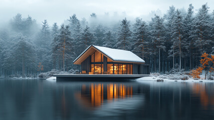 Fototapeta premium Modern cabin on snowy lake with glowing windows amidst fog and snowcovered trees. Perfect for winter holiday designs. AI Generated