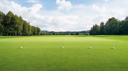 Fototapeta premium A picturesque outdoor golf driving range with perfectly aligned golf balls, green turf, and distant trees