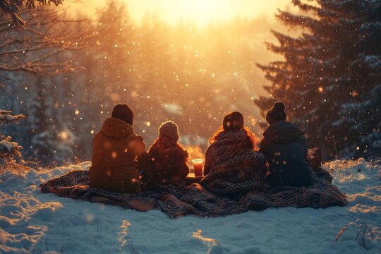 Friends enjoying hot drinks and plaids surrounded by winter scenery. Generative AI