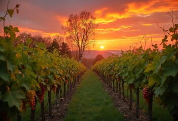 Fototapeta premium A lush green vineyard with rows of grape vines stretching across a rolling landscape, set against a vibrant orange and red sunset sky