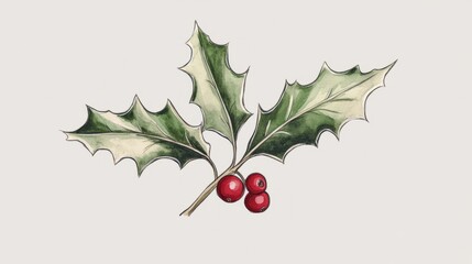 A single holly leaf with two red berries, drawn in clean lines and placed on a pale grey background 