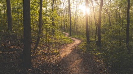 Fototapeta premium A picturesque outdoor hiking trail with winding paths, dense forest, and sunlight filtering through the trees