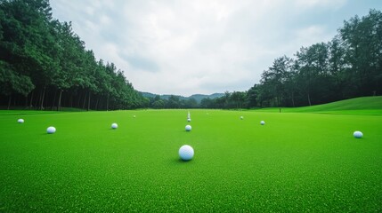 Fototapeta premium A picturesque outdoor golf driving range with perfectly aligned golf balls, green turf, and distant trees
