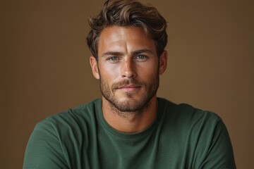 Obraz premium portrait Scandinavian man 35 years old in green sweatshirt on brown background