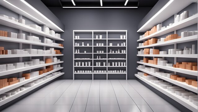Empty retail store with white shelves and gray walls.