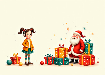 Naklejka premium A vintage-style Christmas card illustration featuring colorful gifts, ornaments, a jolly Santa, and a joyful girl with pigtails and headphones, evoking a cozy, festive atmosphere
