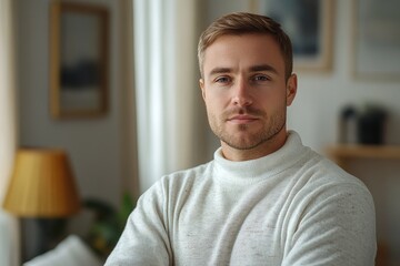 Fototapeta premium portrait caucasian man in white sweater on light background at home