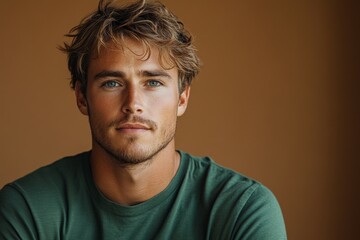 Fototapeta premium minimalistic portrait Scandinavian man in green sweatshirt on brown background