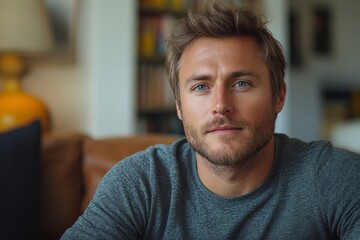 Obraz premium portrait caucasian blonde man in grey sweater sitting on sofa on light background at home