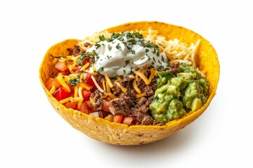 Taco bowl with ground beef, cheese, sour cream, avocado and