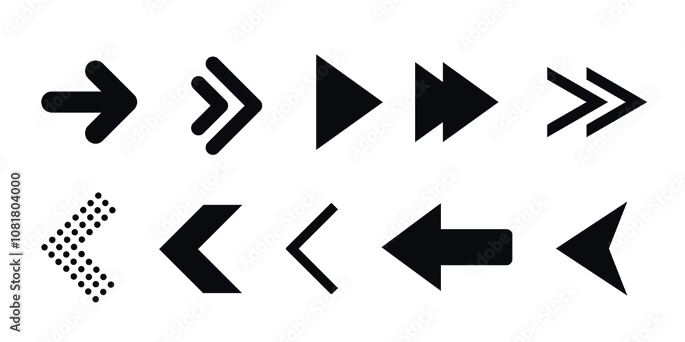 Poster assortment of arrow icons in diverse styles and directions. collection for navigation, movement, and
