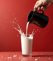 Glass of milk on the table with a red background