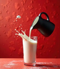 Glass of milk on the table with a red background