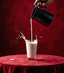Glass of milk on the table with a red background