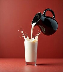 Glass of milk on the table with a red background
