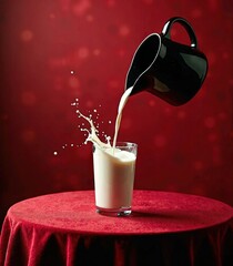 Glass of milk on the table with a red background