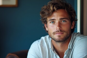 Fototapeta premium handsome caucasian man at home, male minimalistic portrait