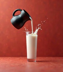Glass of milk on the table with a red background