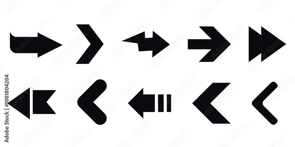 Poster collection of minimal arrow icons in different shapes and orientations. navigation symbols for ui an