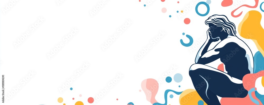 Poster a contemplative figure in a stylized design surrounded by colorful abstract shapes.
