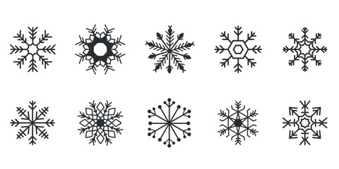 Set of detailed black snowflake icons in various shapes and styles. Winter and seasonal symbols for design use.