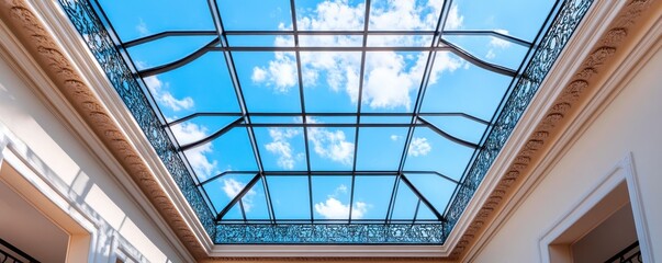 Elegant skylight featuring intricate traditional ironwork design, enhancing architectural beauty and natural light.