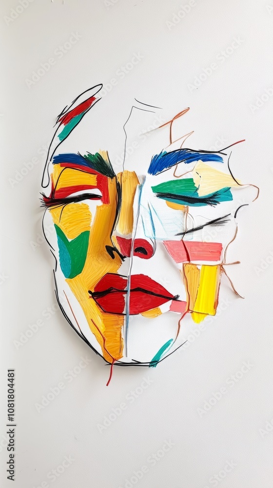 Poster vibrant abstract face art made with colorful threads showcasing creativity and emotion in a contempo