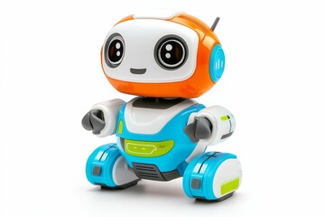 Toy robot with big eyes and wheels.