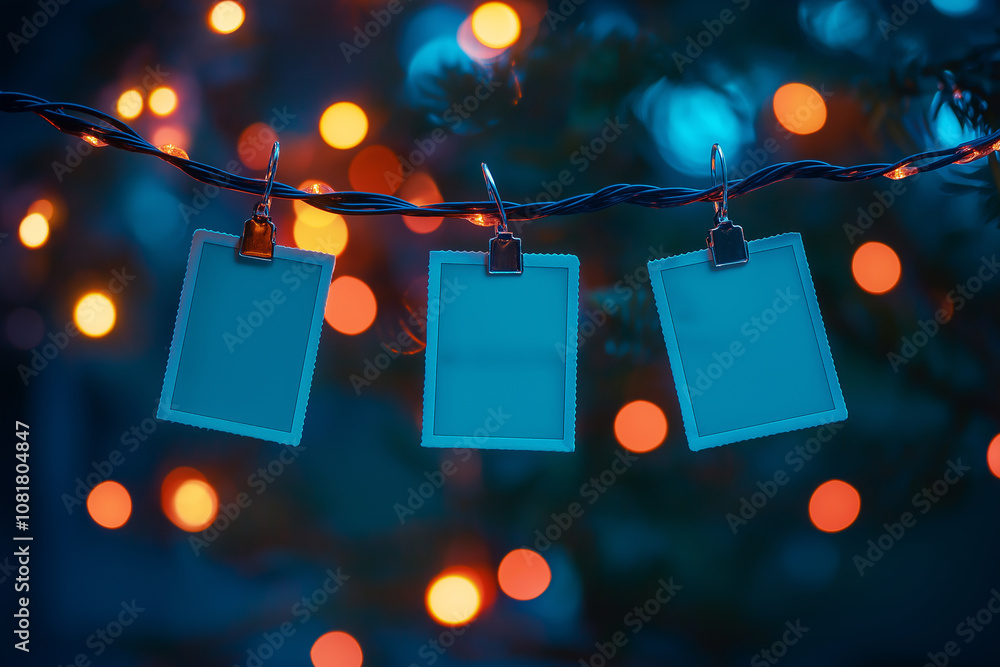 Poster blank photo frames hanging on string lights with bokeh background