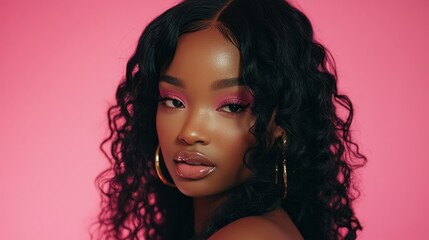 Fototapeta premium Close-up of a woman with vibrant pink makeup and curly hair on a pink background, exuding confidence and style.