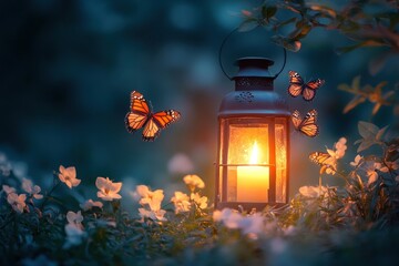 A lantern with a flickering candle flame sits in a field of white flowers surrounded by three butterflies in a magical twilight setting.
