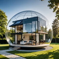 Modern house enclosed in a large glass dome surrounded by lush greenery, blending futuristic design with nature