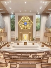 Interior of a modern worship space with an altar, seating, and decorative elements.
