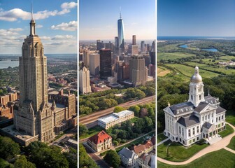Naklejka premium Architectural Wonders Across the Regions of the U.S.: A Visual Journey Through Diverse Styles and Iconic Landmarks in Urban Landscapes