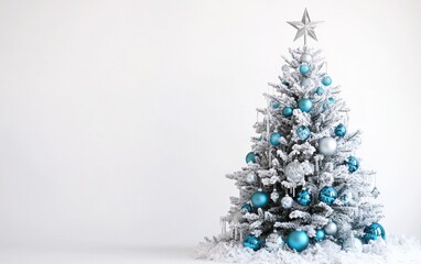 Silver and Blue Winter-Themed Christmas Tree: A frosty Christmas tree with blue and silver baubles, icicle ornaments, and a silver star on top, standing out against a white background 
