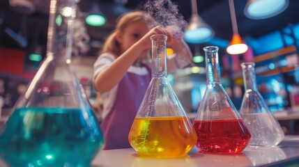 A young girl conducts a science experiment with colorful liquids in beakers, fostering curiosity and STEM learning.