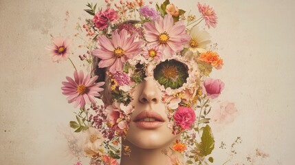 A woman's face is artfully adorned with an explosion of colorful flowers, creating a dreamy and artistic floral portrait.