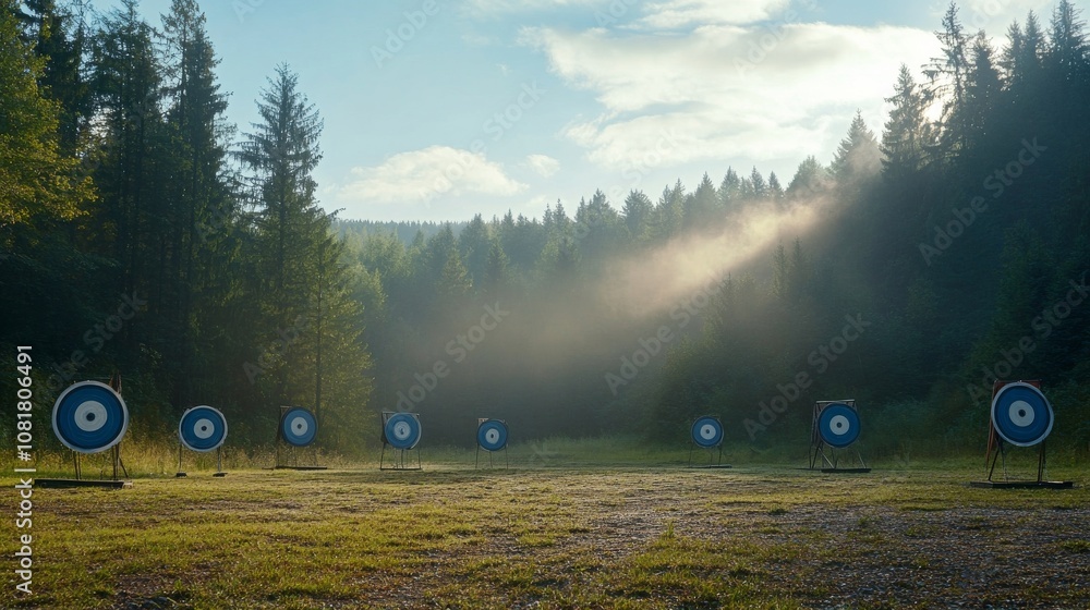 Aufkleber a pristine outdoor archery range with targets set up against a forest backdrop, early morning mist a