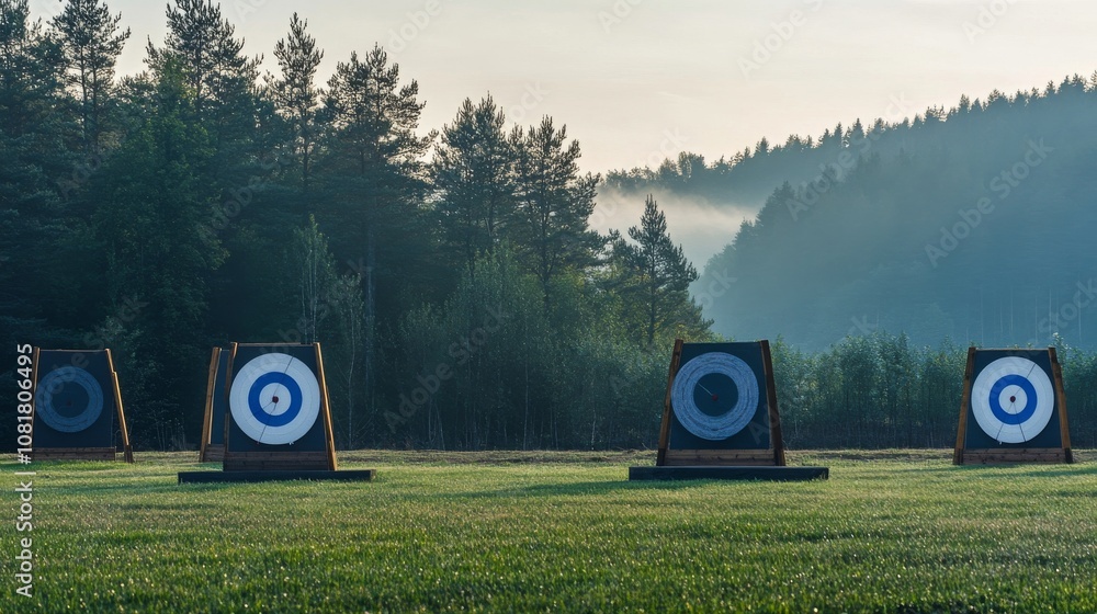 Aufkleber a pristine outdoor archery range with targets set up against a forest backdrop, early morning mist a