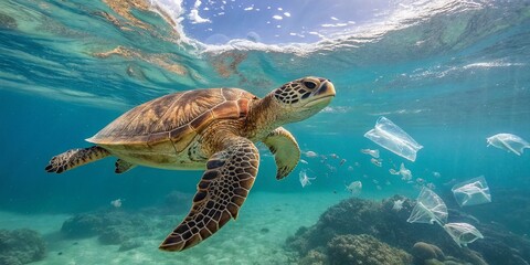 Fototapeta premium A Sea Turtle Swimming Through Crystal Clear Ocean Waters Surrounded by Microplastics, Highlighting the Impact of Pollution on Marine Life in a Stunning Panoramic View