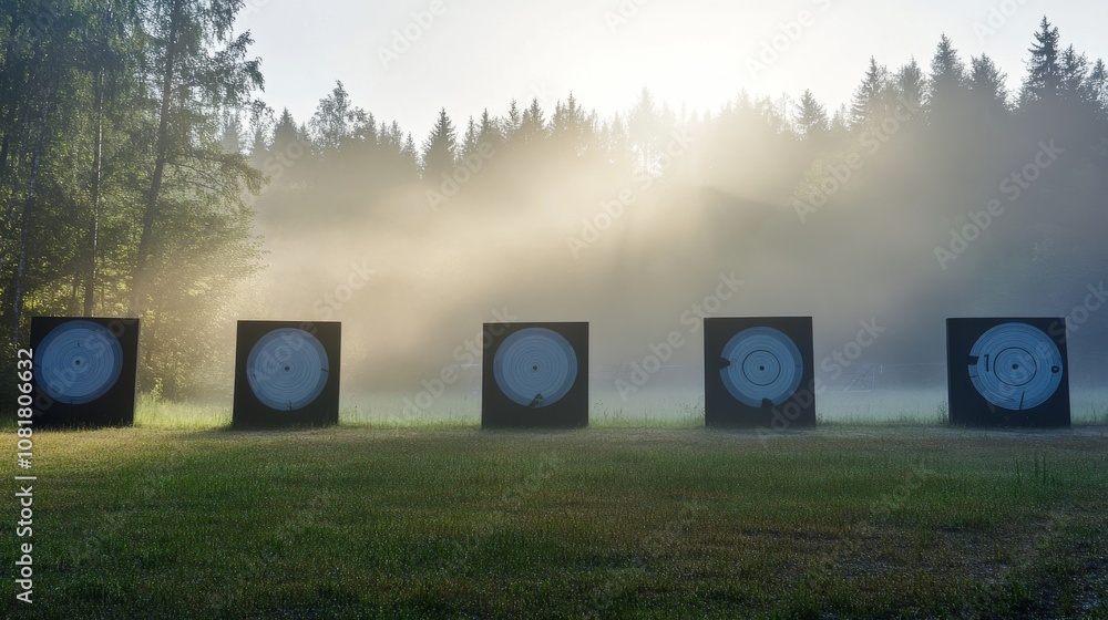 Poster a pristine outdoor archery range with targets set up against a forest backdrop, early morning mist a