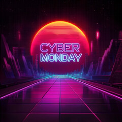 Cyber Monday advertisement in the style of retro 1980's synthwave art 