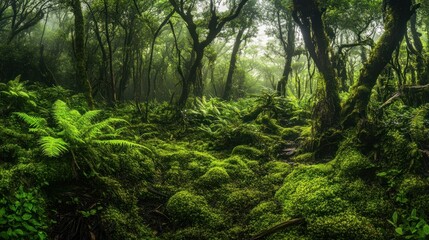 Obraz premium Forest floor covered in lush moss, creating a vibrant and earthy plant background